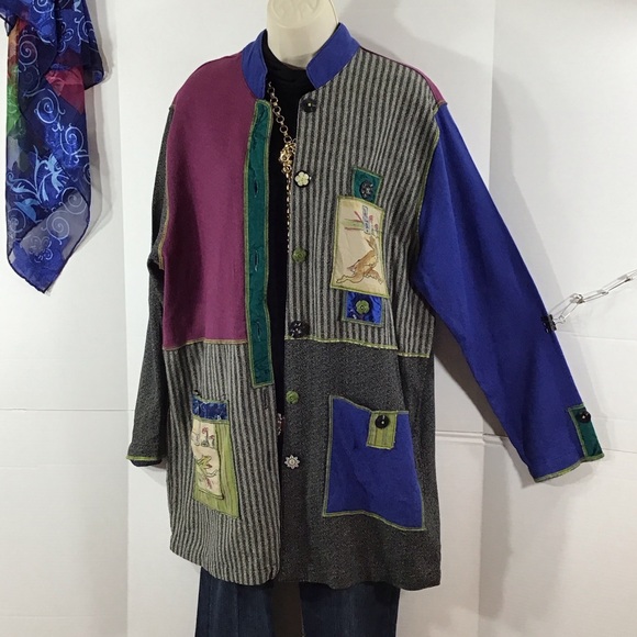 Hand painted vintage Celia Forrester patchwork bunny jacket L - Picture 2 of 12